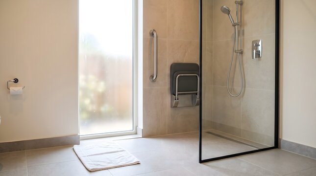Step-free home shower with a wall-mounted folding seat, glass screen and open floor area, illustrating practical bathroom adaptation for safer independent living.