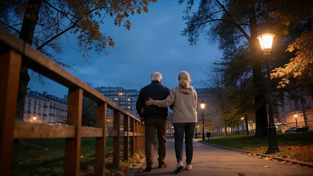 Steadying woman in hoodie guiding man in jacket from railing walking along park path for support
