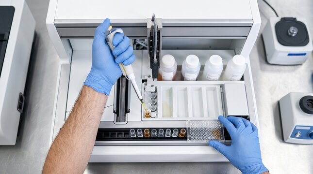 high-end hematology photo, overhead close-up of gloved laboratory hands transferring a plasma sample into an automated coagulation testing system for prothrombin time analysis