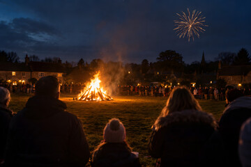 Obraz premium Community gathering around bonfire with fireworks at night sky