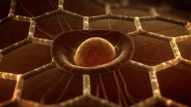 Filaments pulling glowing sphere sinking into hex pocket on microscopic honeycomb