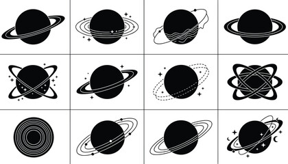 Black Planet Silhouette Vector Set with Ringed Outer Space Planets Orbit Rings and Celestial Stars Icons for Astronomical Design © Prodip