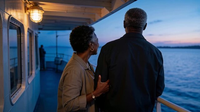 Noticing sunset, senior woman wearing coat pointing, holding partner's arm on ferry deck