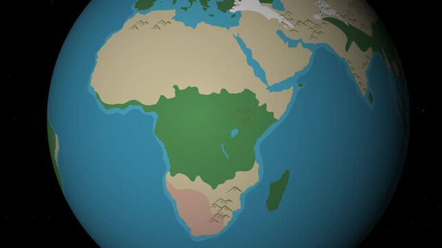 Rotating globe animation showing stylized earth map with continents and oceans.