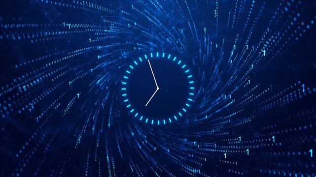Blue technology clock interface floats tunnel binary luminous network connections. data processing, digital transformation, time systems, scheduling, cloud computing, analytics, fintech, innovation