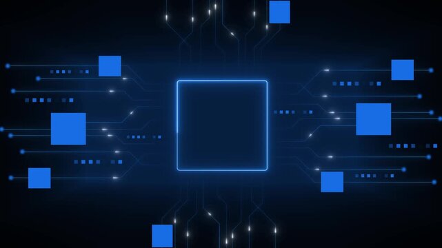 Glowing blue computer chip outline with circuit lines and data blocks on a dark background, showing digital technology and modern computing.
