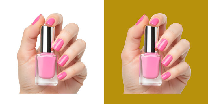 Woman Holding Pink Nail Polish Bottle with Matching Manicure transparent png