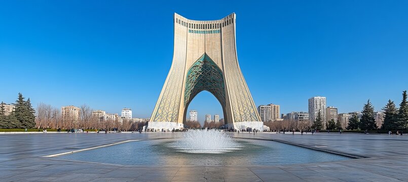 Iconic Azadi Tower in Tehran under a clear blue sky, featuring a traditional geometric arch design.