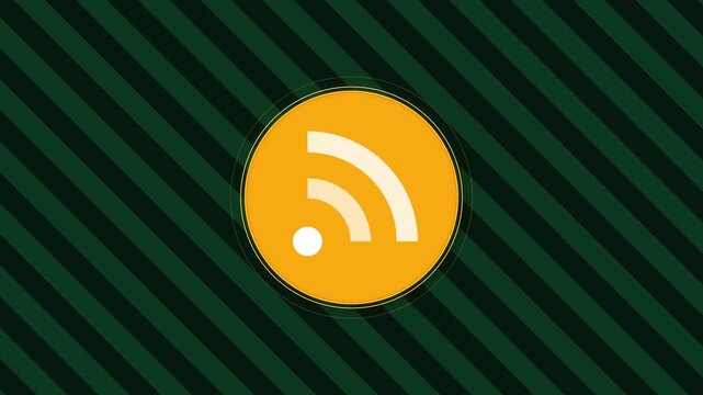 Animated RSS feed symbol icon in yellow circle with subtle glow effect over diagonal dark green striped background