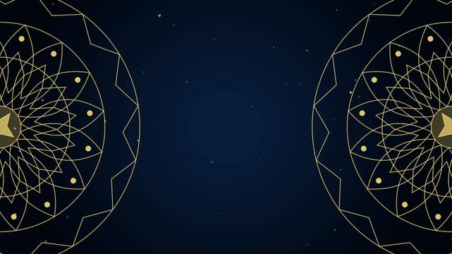 Golden mandala design on dark night sky background.