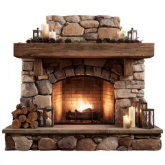 Obraz premium Cozy rustic stone fireplace warmth.