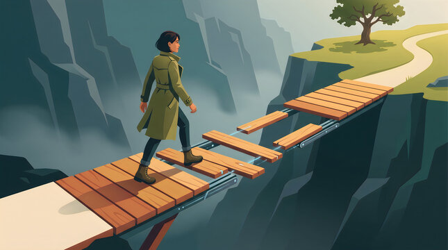 Bridge planks forming trust reassembling gap crossing concept editorial illustration