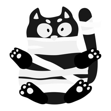 Cute cartoon black cat wrapped in white mummy bandages. Cartoon Halloween whimsical character for trick or treat design. Vector illustration