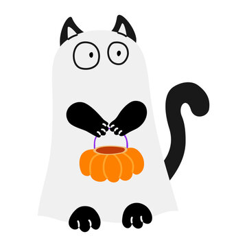 Cute black cat in ghost costume holding pumpkin basket. Cartoon Halloween whimsical character for trick or treat design. Vector illustration