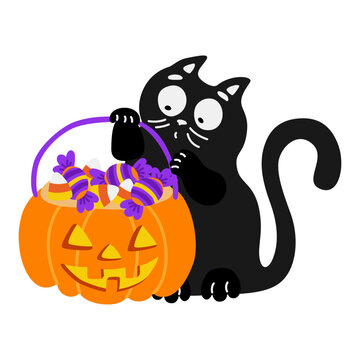 Cute black cat with Halloween pumpkin basket filled with candies. Cartoon Halloween whimsical character for trick or treat design. Vector illustration