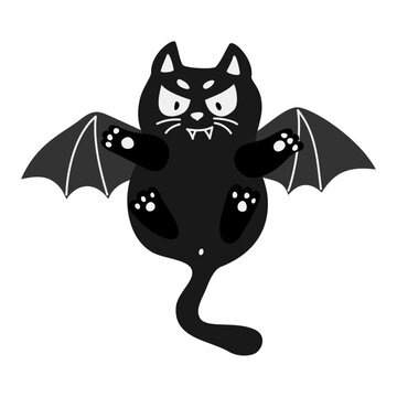 Cute cartoon black cat with bat wings and vampire fangs flying. Cartoon Halloween whimsical character for trick or treat design. Vector illustration