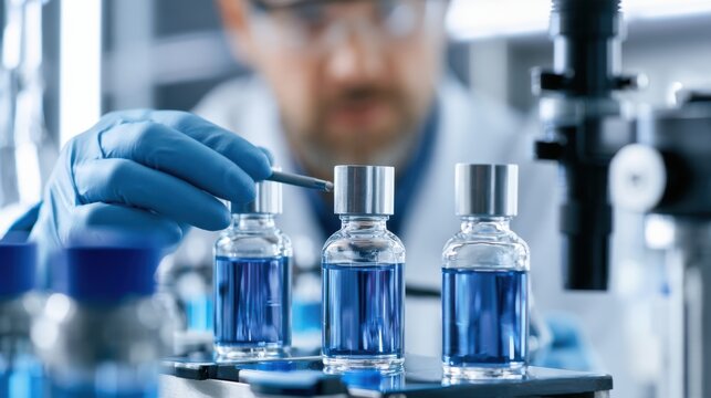 A scientist in a lab coat and blue gloves meticulously examining vials filled with blue liquid, with a microscope in the background