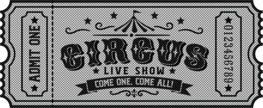 Vintage halftone circus live show admit one ticket in 80s 90s style. Vector illustration 