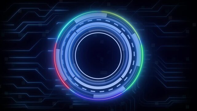 Glowing blue circular digital interface with neon rainbow accents on a dark circuit board background, showing futuristic technology and cybersecurity.