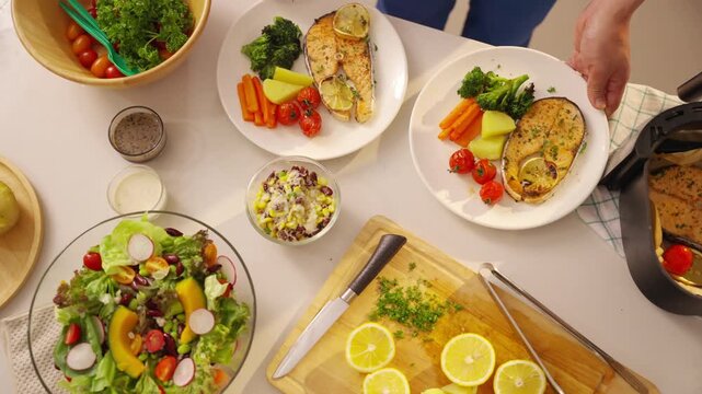 Male caregiver preparing healthy food for senior people at home, elderly nutrition care and balanced diet eating concept, geriatrics healthcare support with fresh ingredients for daily aging wellness 