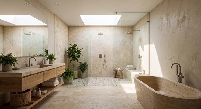 Bathroom interior design featuring luxury modern walk in shower skylight natural stone architecture