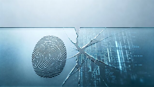 Broken glass screen with fingerprint and digital data