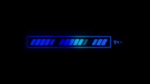 Glowing blue battery charge indicator showing 80 percent power on a black background, with space for technology, energy and device concepts.