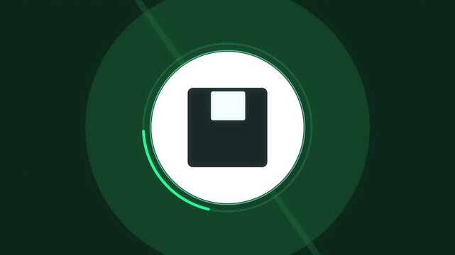Retro floppy disk icon animation with digital glitch effect, technology data storage concept
