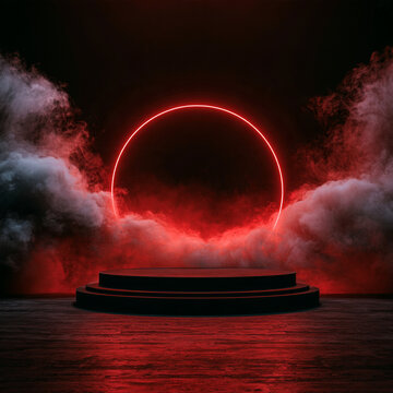 A glowing red neon ring illuminates a dark smoky scene. Thick clouds of mist swirl around the base and sides of the ring. The staged wooden platform beneath has a reflective shiny surface.