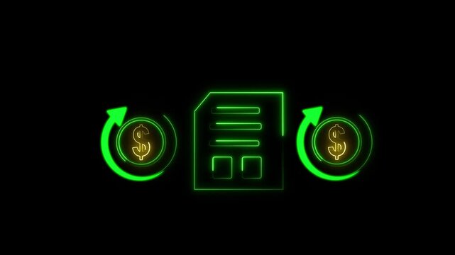 Glowing green neon icon of a financial document with dollar symbols and circular arrows on a black background, representing payment transfer and money exchange