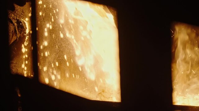 Molten Metal Sparks Inside Industrial Furnace Through Viewing Ports