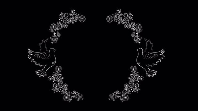Elegant floral wreath frame with flying doves on black background.