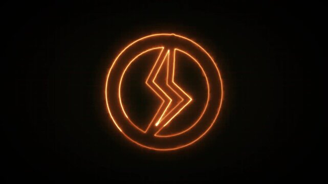 Glowing orange lightning bolt symbol inside a circular outline on a dark black background, creating a modern electric energy and technology concept.