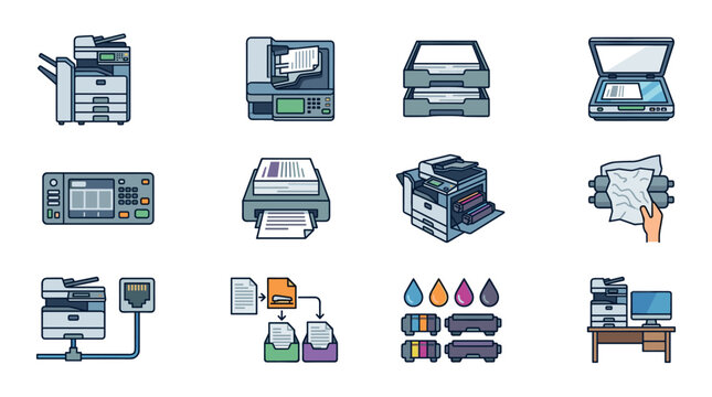 Modern multifunction printer and copier machine icon for office equipment and business documentation services, high-quality flat vector illustration on white background.