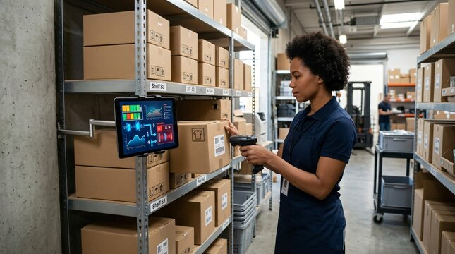 Warehouse worker scanning packages with digital inventory tools
