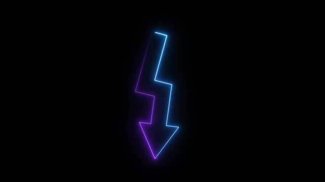 Glowing purple and blue lightning bolt shaped downward arrow on a black background, showing electricity, energy and decline