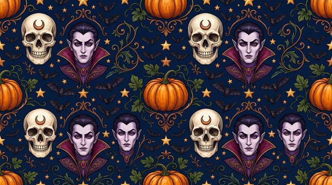 Vampire and skull Halloween seamless pattern