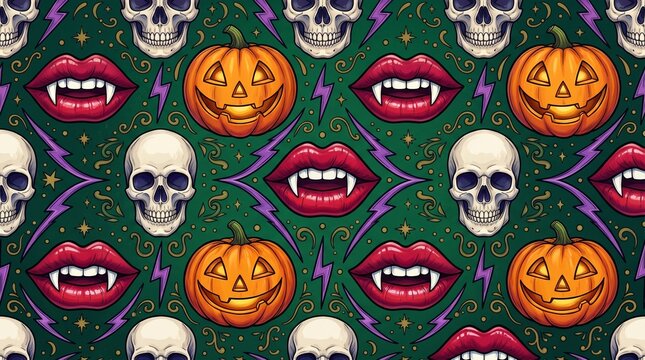 Halloween seamless pattern with vampire lips and skulls