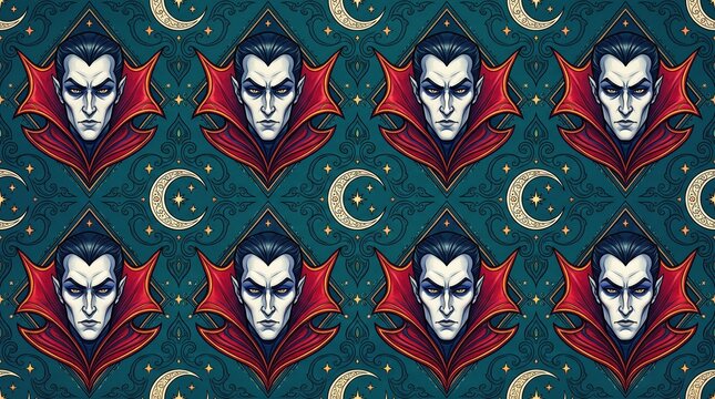 Vampire Portrait Seamless Pattern with Moons