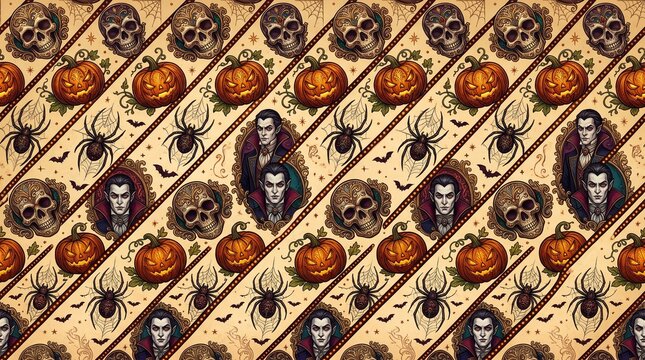 Seamless gothic Halloween diagonal pattern with vampires and skulls