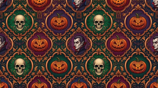 Gothic Halloween seamless wallpaper pattern with skulls and pumpkins