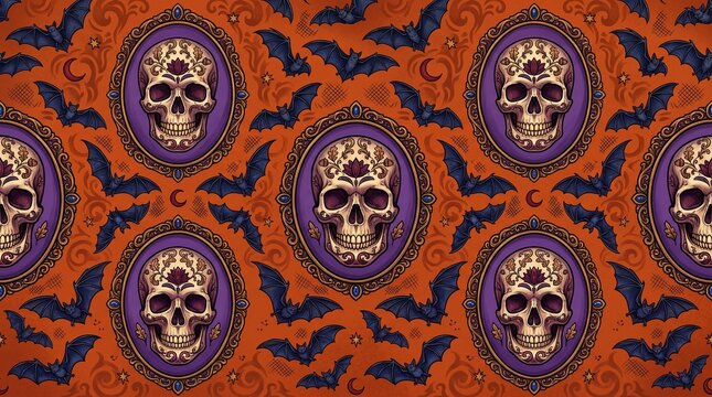 Sugar skull and bat Halloween background pattern