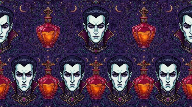 Gothic seamless pattern with vampires and potion bottles