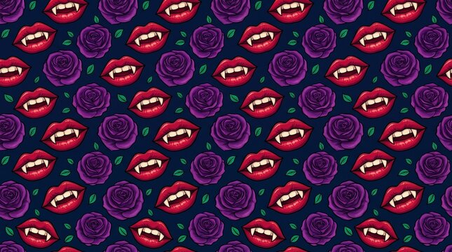Halloween seamless pattern with vampire lips and roses