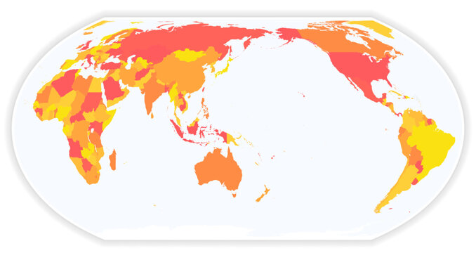 Map of World in new Equal Earth projection. High-quality political blank map. Editable vector illustration with layers. Oceania centered map. Orange colored design.