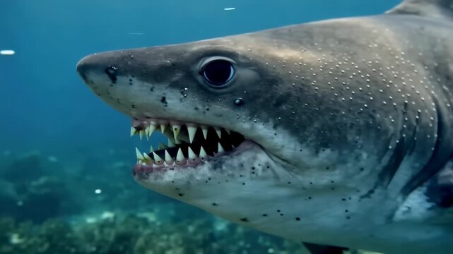 Great white shark predatory attack with open mouth and sharp teeth underwater blue ocean background cinematic