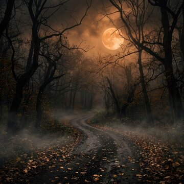 Spooky winding forest road under a glowing full moon at night