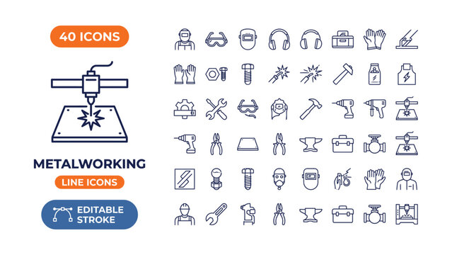 Metalworking icon set. Editable stroke
