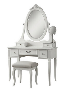Vintage style white wooden vanity dressing table with oval mirror and stool
