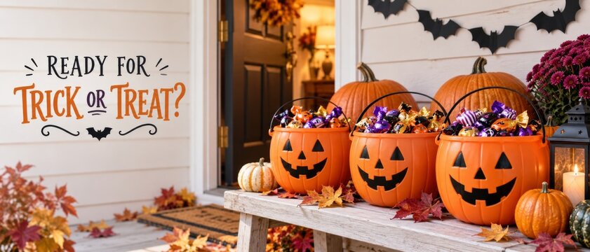 Halloween trick or treat display with glowing pumpkin buckets, candy, autumn leaves, and porch decorations beside National Trick or Treat Day October lettering, festive seasonal banner scene